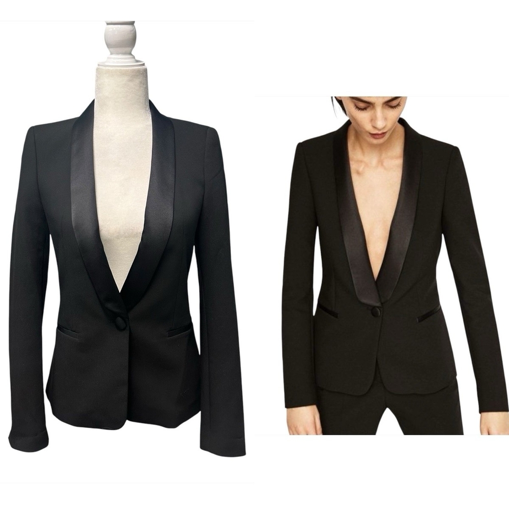 Womens Black Satin Lapel Single-Button Blazer